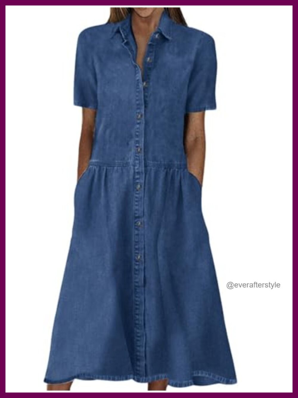 Womens Denim Dress Short Sleeve Button Down A Line Midi Shirt Dress Frayed Hem